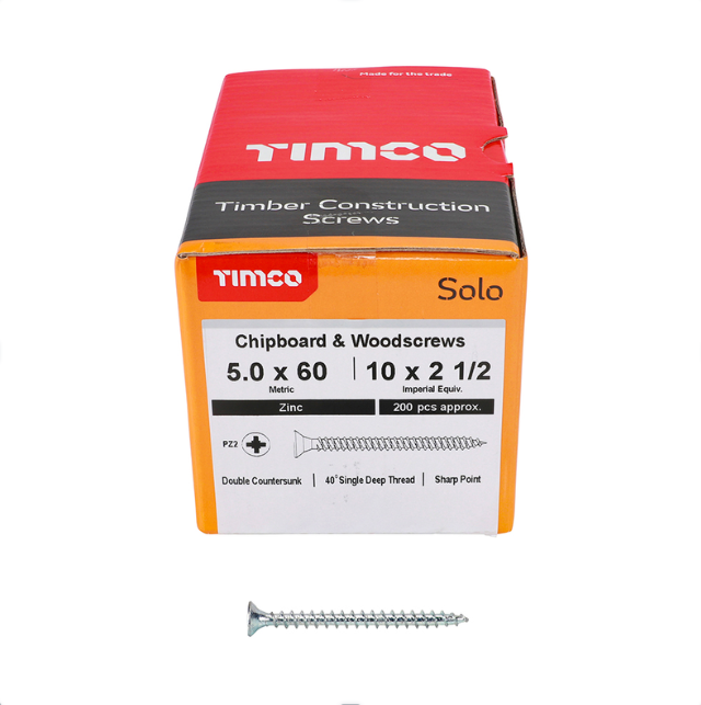Solo Chipboard & Woodscrews - PZ - Double Countersunk (Zinc) 5.0 x 60mm – 50060SOLOZ