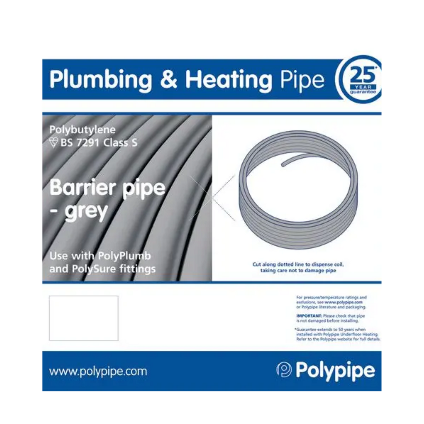 Polypipe Polyplumb Barrier Pipe Coil (Grey) 22mm x 50m - PB5022