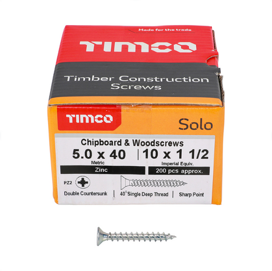 Solo Zinc Chipboard & Woodscrews – PZ Double Countersunk (Silver) 5.0 x 40mm – 50040SOLOZ