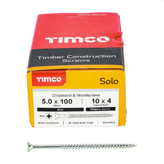 Solo Chipboard & Woodscrews - PZ - Double Countersunk (Zinc) 5.0 x 100mm – 50100SOLOZ