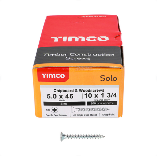 Solo Zinc Chipboard & Woodscrews – PZ Double Countersunk (Silver) 5.0 x 45mm – 50045SOLOZ