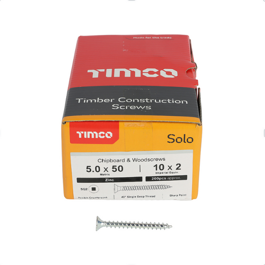 Solo Chipboard & Woodscrews - SQ - Double Countersunk (Zinc) 5.0 x 50mm – 50050SQSZ