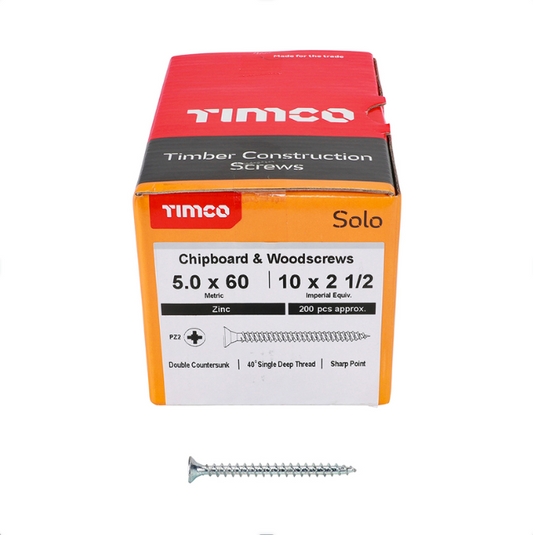 Solo Chipboard & Woodscrews - PZ - Double Countersunk (Zinc) 5.0 x 60mm – 50060SOLOZ