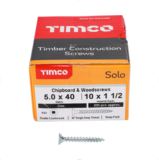 Solo Chipboard & Woodscrews - SQ - Double Countersunk (Zinc) 5.0 x 40mm – 50040SQSZ