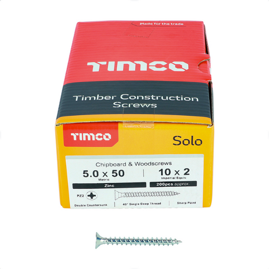 Solo Zinc Chipboard & Woodscrews – PZ Double Countersunk (Silver) 5.0 x 50mm – 50050SOLOZ
