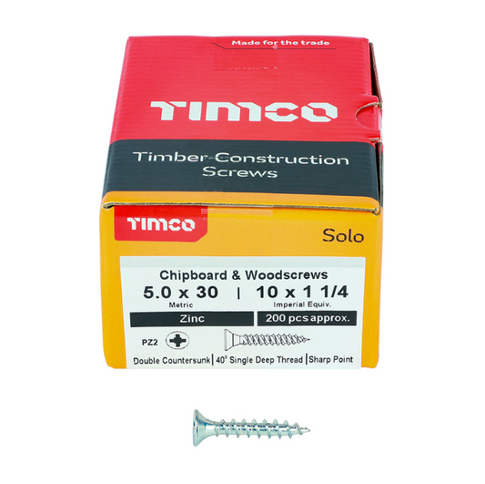 Solo Zinc Chipboard & Woodscrews – PZ Double Countersunk (Silver) 5.0 x 30mm  – 50030SOLOZ