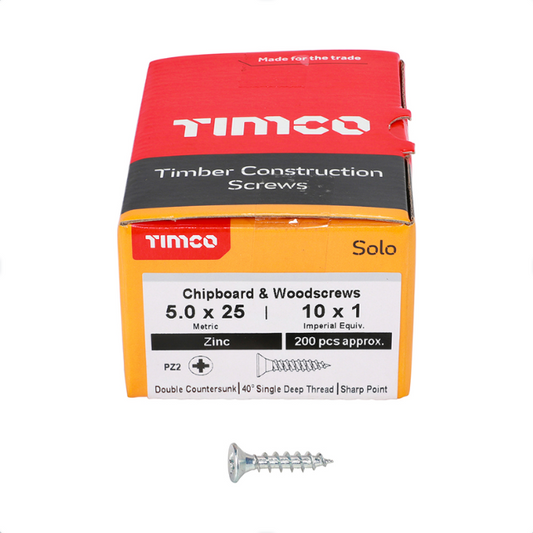 Solo Zinc Chipboard & Woodscrews – PZ Double Countersunk (Silver) 5.0 x 25mm – 50025SOLOZ