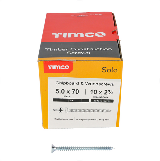 Solo Chipboard & Woodscrews - PZ - Double Countersunk (Zinc) 5.0 x 70mm – 50070SOLOZ