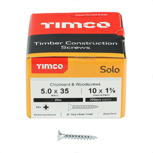 Solo Chipboard & Woodscrews – PZ Double Countersunk (Zinc) 3.5 x 50mm – 50035SOLOZ