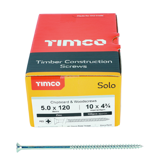 Solo Chipboard & Woodscrews - PZ - Double Countersunk (Zinc) 5.0 x 120mm – 50120SOLOZ